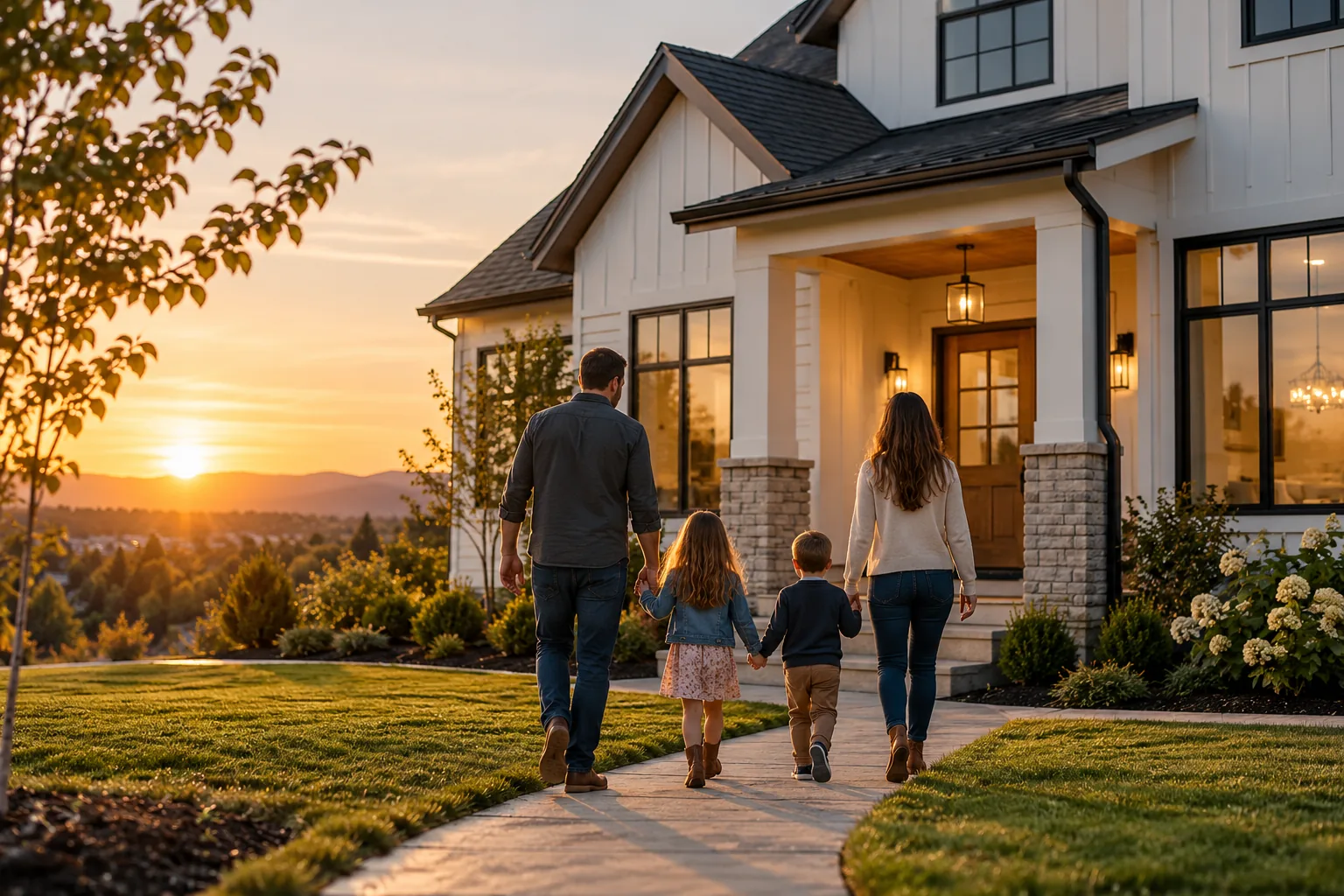 Family walking toward their home at golden hour